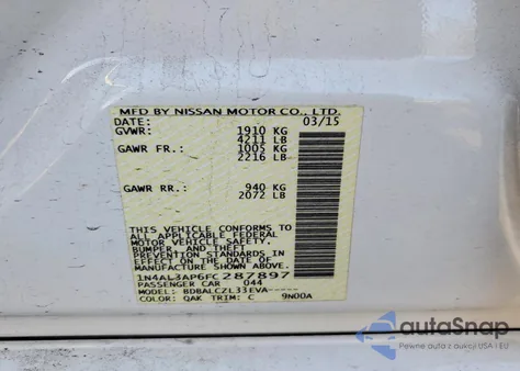 2015 Nissan Altima 2.5 from USA, damaged, VIN 1N4AL3AP6FC287897